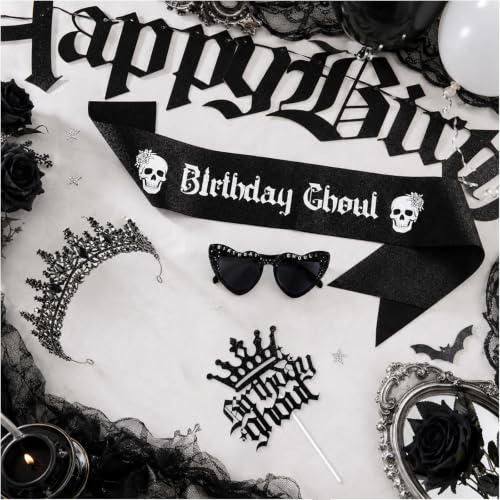 Gothic Birthday Decorations Set - Crown, Sash, Sunglasses, Banner & Cake Topper