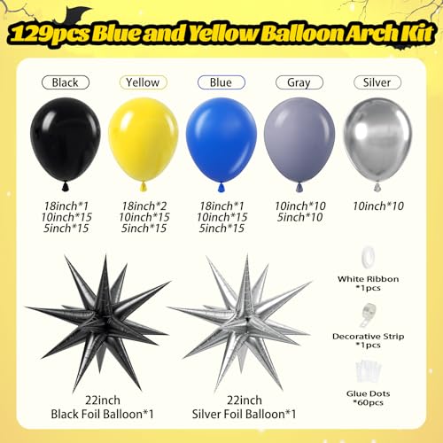 Balloon Arch Kit with Blue, Yellow, Gray, Silver & Black Balloons for Parties