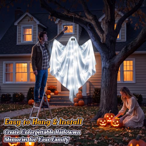Halloween Hanging Light Up Ghost - 47-Inch White Swinging Ghost with LED, Waterproof Outdoor Decor - Variation: Cool White