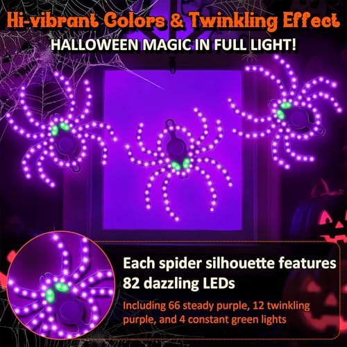 Halloween Twinkling LED Spider Lights 3 Pack - Vivid Purple & Green Outdoor Decor