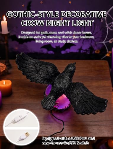 Gothic Raven Night Light - Resin Crow Figurine Lamp, Witch Decor - Birds-A-Large
