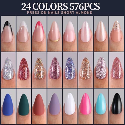 Press On Nails Set - Short Almond Shape with Matte, Glossy, Glitter & French Tips - 24 Colors, 576PCS with Tools