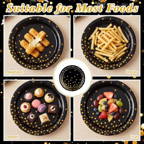 Black Gold Plates and Napkins Set - 25 Guests, Black Golden Dot Variation