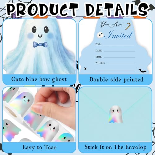 Blue Ghost Halloween Invitations Card Set - 25 Pack with Envelopes & Stickers