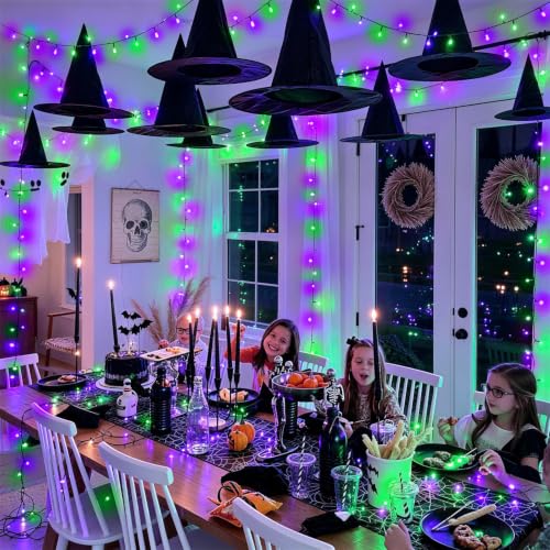 Purple and Green Halloween String Lights 2 Pack - Battery Operated & Remote Control
