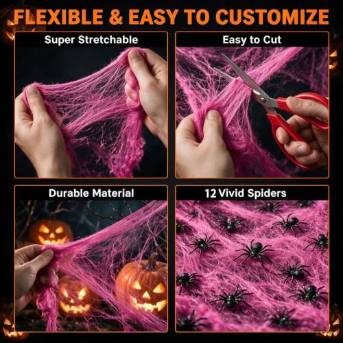 Small Pink Halloween Spider Web Decoration Kit with 12 Fake Spiders - Stretch Cobwebs Indoor Use