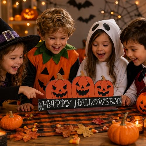 Halloween Double Sided Wooden Tabletop Decor Pumpkin Sign 12x5 Inch for Farmhouse & Seasonal Displays