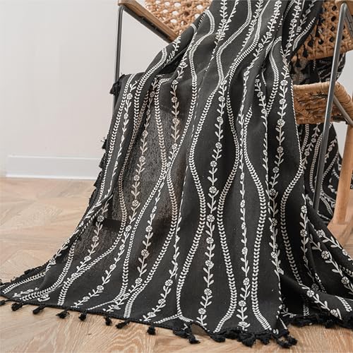 Boho Curtains 63 Inch Length Black Stripe Floral Tassel Drapes for Kitchen & Dining Room - Pack of 1