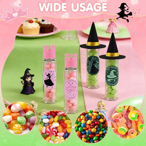 Pink and Green Witch Party Favors - 36 Candy Tubes, Mini Hats & Stickers Set