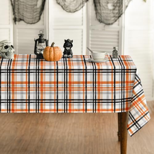 Halloween Tablecloth 60x84 Inch Rectangular Fall Orange Buffalo Plaid Washable Table Cover