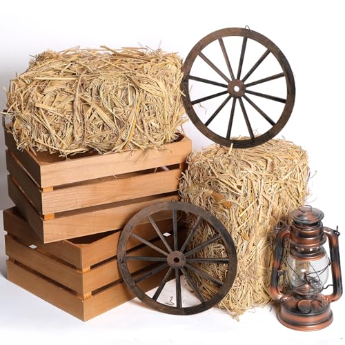 6 Pack Rustic Hay Bale & Wooden Wagon Wheel Decor Set - Farmhouse Style