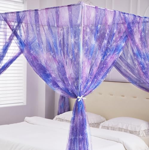 Twin Purple Ombre Tie Dye Canopy Bed Curtains with Lights for Girls Room Decor