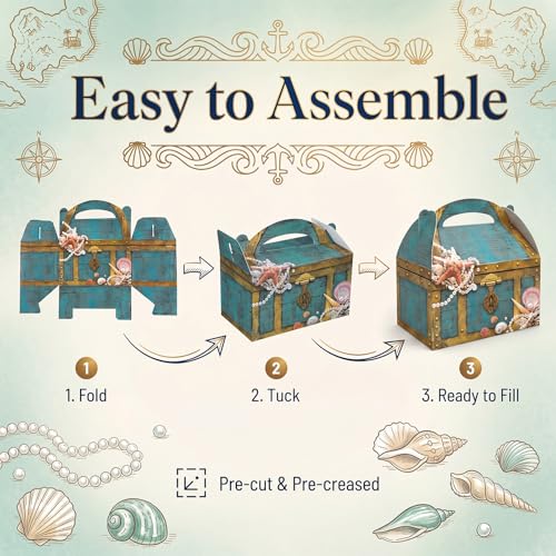 Ocean Treasure Box Set - 24 Cardboard Sea Chest Party Favors for Beach Birthday