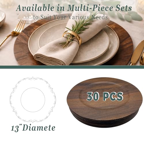 30 Count 13-Inch Faux Wood Charger Plates Set for Dinner Table Decor