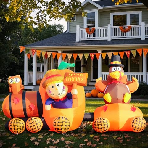 Thanksgiving Inflatable Scarecrow Driving Pumpkin Train with Turkey - Fall Yard Decor, Fall Train Variation