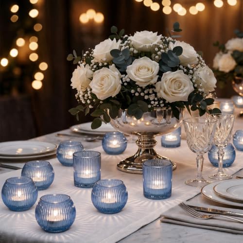 30 Pcs Blue Ribbed Glass Votive Candle Holders Set - Assorted Shapes for Home & Events