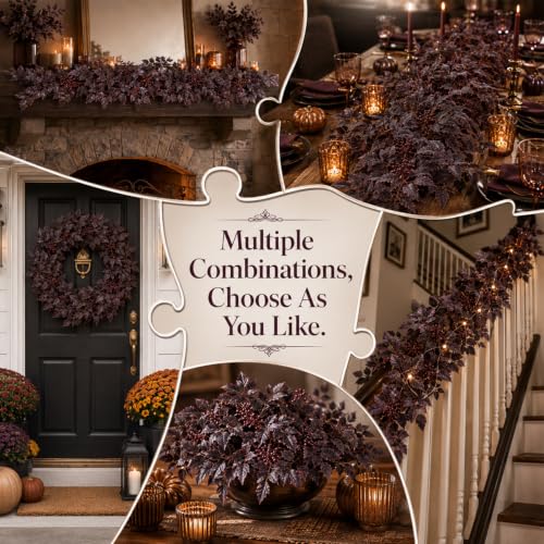 Artificial Fall Garland - 2pcs Moody Plum Burgundy Autumn Leaf Decor