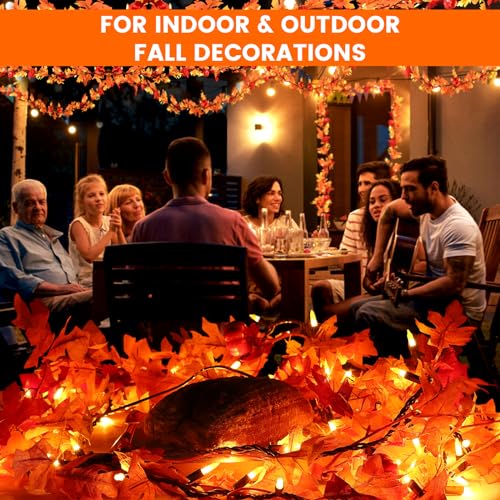 6FT 3-Pack Fall Leaf Garland with Lights - Orange Bulbs for Thanksgiving & Halloween Decor