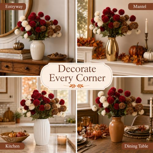 Artificial Fall Chrysanthemum Flowers Set - Burgundy, Cream White & Brown 12 Bundles