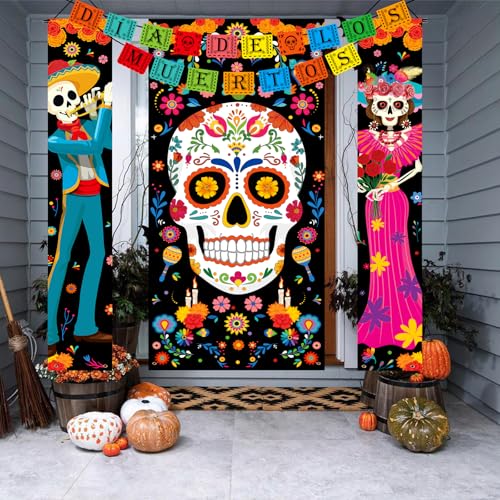 Dia De Los Muertos Decorations Set - Porch Signs, Banners & Door Cover for Halloween & Cultural Celebrations