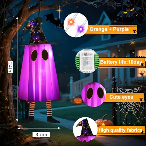 3-Pack Halloween Hanging Ghost Lights with Witch Hats - Outdoor Decor, Purple & Orange, Waterproof, Timer