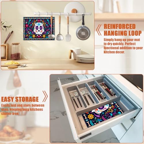 Sugar Skull Dish Drying Mat for Kitchen Counter - Microfiber Absorbent & Reusable