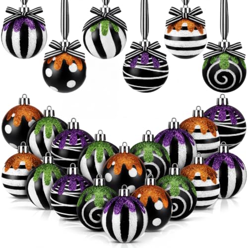 Halloween Black & White Christmas Ball Ornaments Set - 24 Pcs, 2.36 Inch, Spooky Style