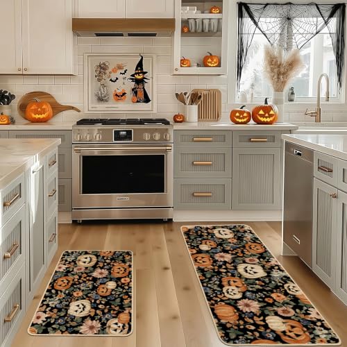 Halloween Kitchen Rugs Set of 2 - Spooky Burlap Mats for Fall Decor