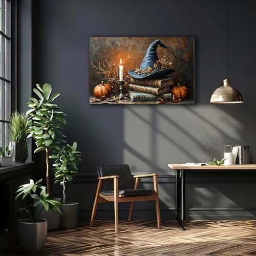 Halloween Canvas Wall Art Framed Poster - Witch Hat Pumpkin Fall 12x18 Variation 1