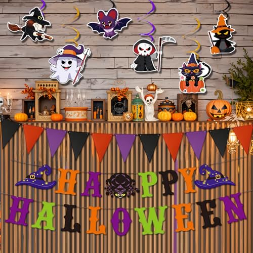 Halloween Banner Indoor Decor Set with Flags, Swirls & Characters - Orange & Purple