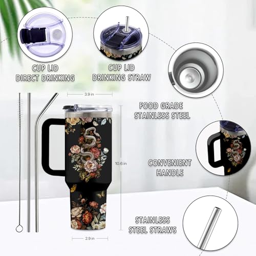 Flower Darkness 40oz Insulated Tumbler with Handle & Straw - Goth Gift Variation