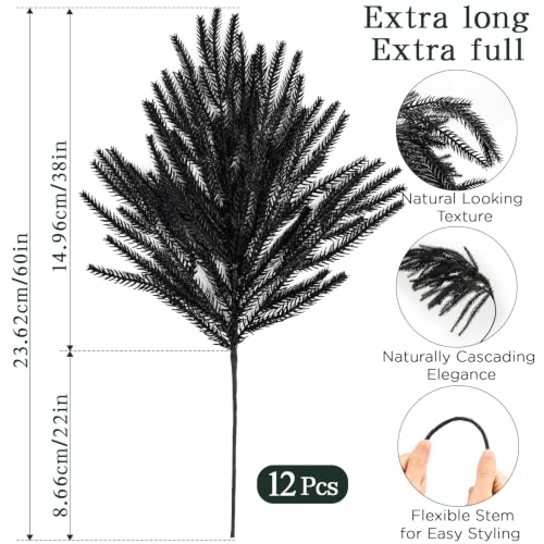 12Pcs Artificial Norfolk Pine Stems - Real Touch Halloween Christmas Decor - Black Variation