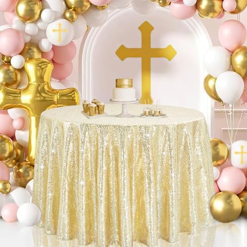132-Inch Round Light Gold Sequin Tablecloth for Party & Wedding Decor