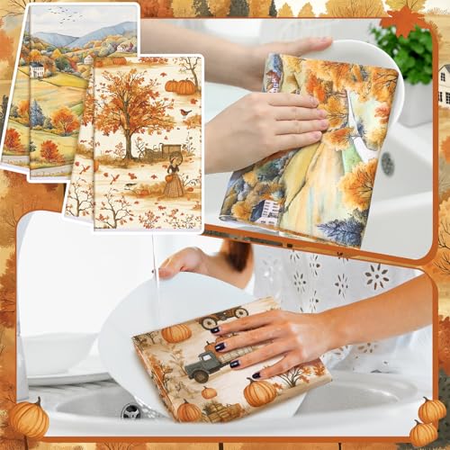 Fall Kitchen Towels Set - Pumpkins Maple Leaves Truck - Yellow / Tree - 6 Pack
