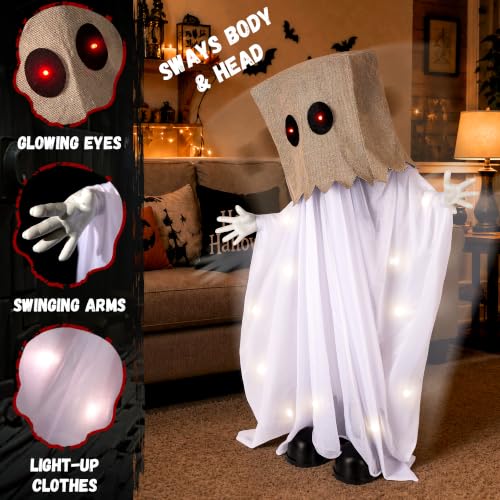 Halloween Animatronic Sack Ghost Decoration - Swinging Arms, Light Up Eyes - White - 35" - Sound Activated, Creepy Haunted House Decor