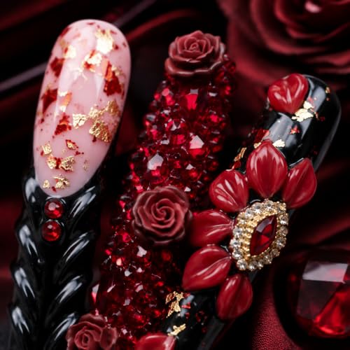 Halloween False Nails Long Square Acrylic Press-On Set with 3D Red Roses - Handmade, Reusable, Glamorous Design - Variation HM-LS-11