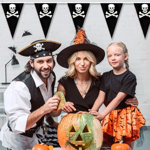 Pirate Banner Flags Set - Black White Skull Party Decorations, 32.8 ft, 24 Pcs
