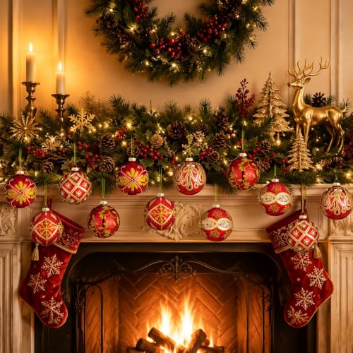 Luxury Glass Christmas Ornaments Set - Red & Gold, 2.36 Inch, 12 Pieces