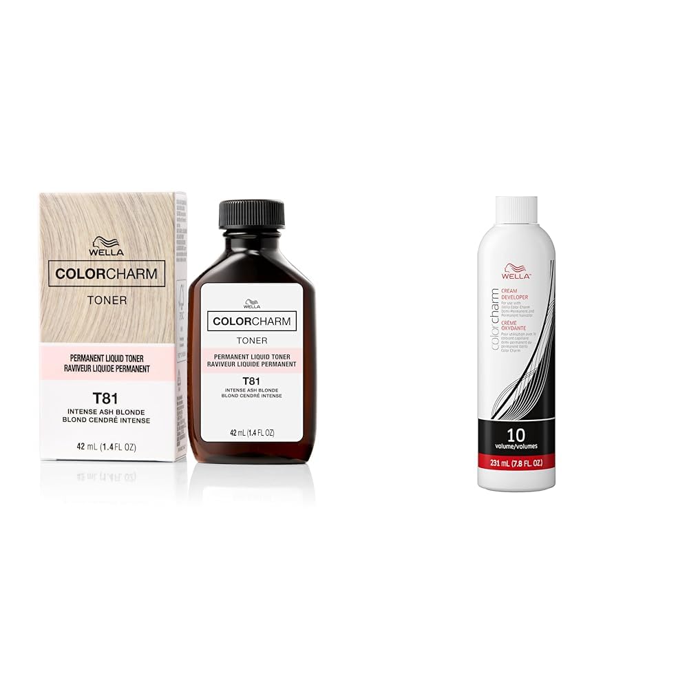 WELLA ColorCharm Permanent Liquid Toners - Neutralize Brass, Paraben-Free & Vegan | T81 Intense Ash Blonde + 10 Vol Cream Developer Bundle