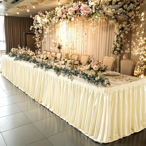 14ft Champagne Satin Table Skirt for Rectangular Tables - Wrinkle-Resistant Ruffle Party Decor