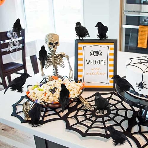 Halloween Black Feathered Crow Decorations Set of 12 - 6.1 Inch Realistic Birds with Bendable Wires