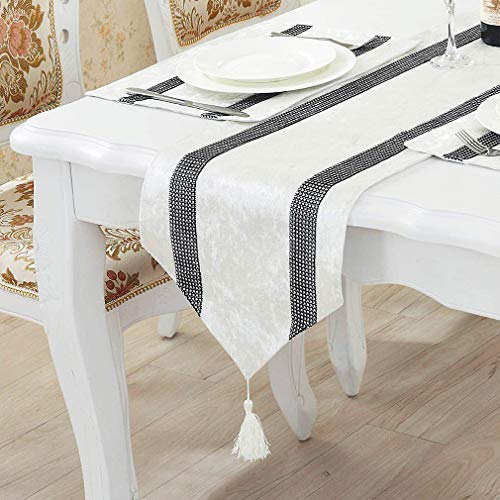 Cream White 13x98 Inch Sequin Rhinestone Tassel Table Runner - Elegant Party Decor