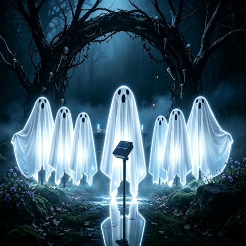 Solar Ghost Lights Outdoor Decorations - 6 Pack Spooky Pathway LED Stakes