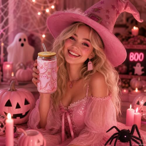 Halloween Ghost Glass Cup with Lid & Straw - Pink Ghost Variant for Women