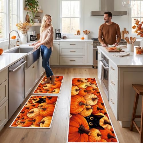 Fall Kitchen Rug Set of 3 - Halloween Pumpkin & Cat Mats with Velvet & Silicone Base