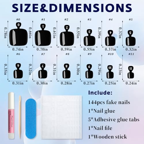 Black Short Square Press On Toenails Kit for Women - 144 Pcs with Adhesives & Nail Tools