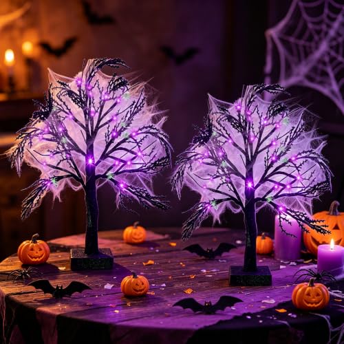 Halloween Indoor Tree with Purple Lights and Spiders - Creepy Decor