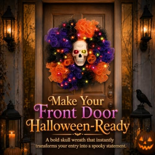 Halloween Wreath with Skull & Color-Changing Lights - 24-inch Decor