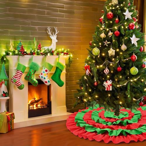 48 Inch Red and Green Ruffle Tree Skirt - Large Fluffy 6-Layer Christmas Decor