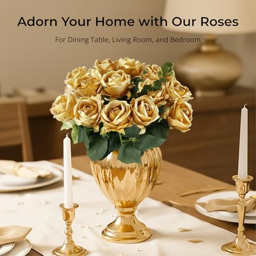 Gold Artificial Roses Bouquet - 14 Silk Roses with Bendable Stems